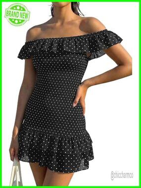Off Shoulder Polka Dot Mini Dress Smocked Bodycon Ruffle Hem Summer Party Dress